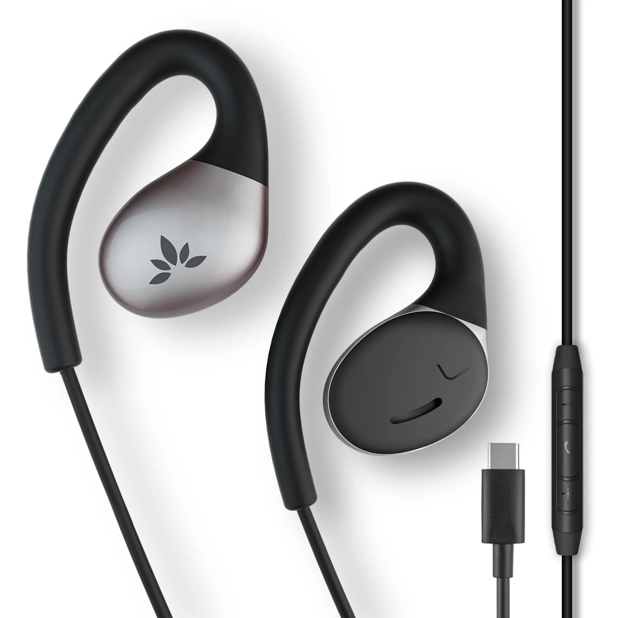 Avantree Resolve Open-Ear Wired Earbuds with Mic & Over-Ear Hook | Small-Medium Size, 1.2m Cable — USB-C (Android & iPhone 15/16/17) / Small-Medium (Ear-length Under 2.5in)