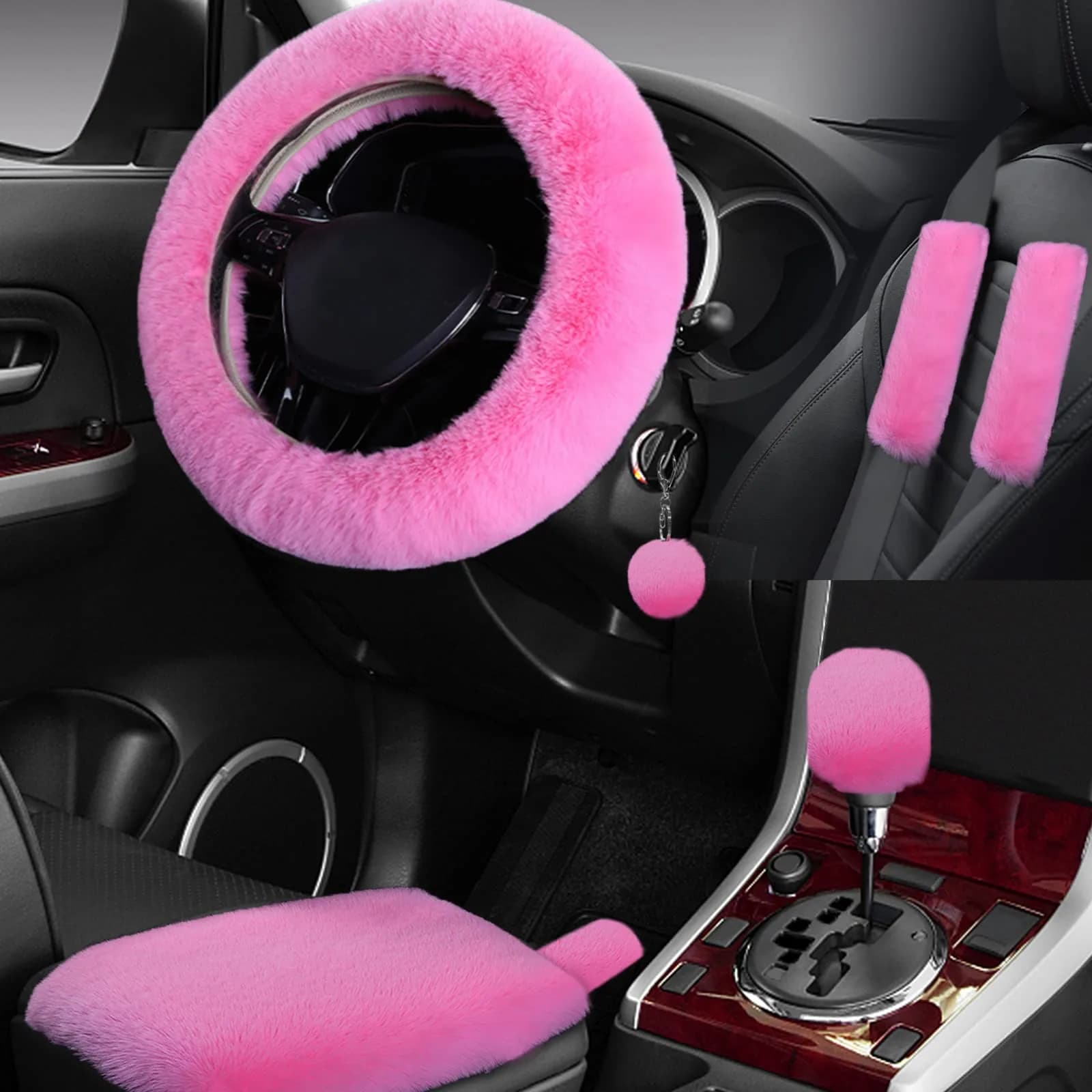 Wazzh Fluffy 15 inch Steering Wheel Cover Set | Girly Car Accessories for Women — Pink