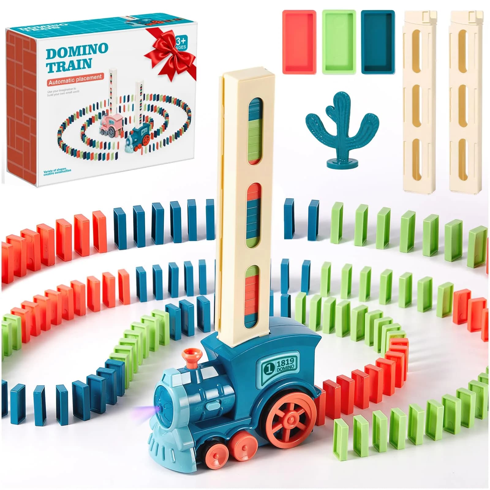 BAIWER Domino Train Toy with Lights & Music, 200 Dominoes & Cactus Spinner | Educational STEM Set for Kids 4-8 — Classic