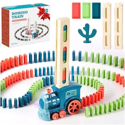 BAIWER Domino Train Toy with Lights & Music, 200 Dominoes & Cactus Spinner | Educational STEM Set for Kids 4-8 thumbnail 1