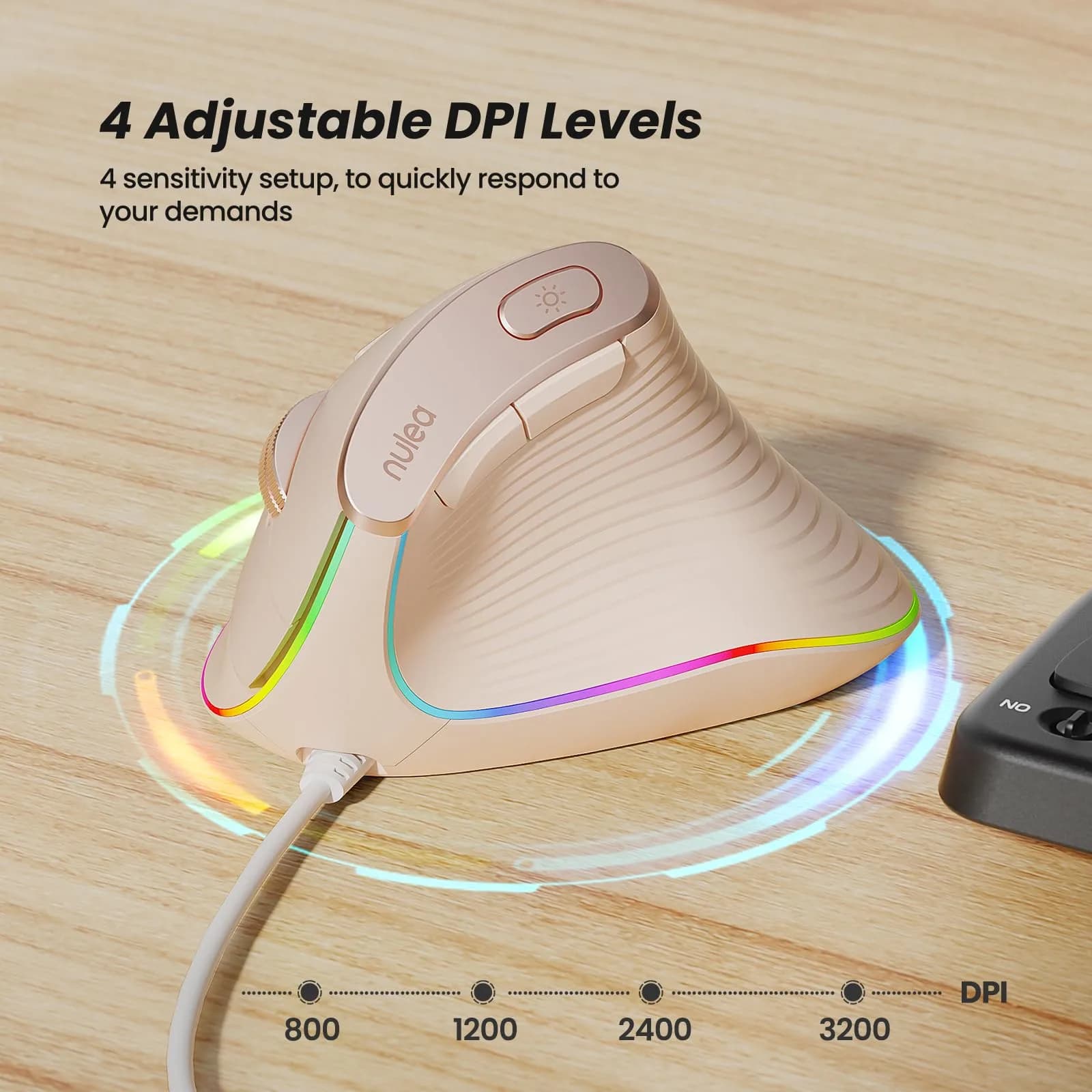 Nulea M504 Wired Vertical Ergonomic Mouse with 4-Level DPI & RGB Lighting | 1.8m Cable, Right Hand, Pink - view 6