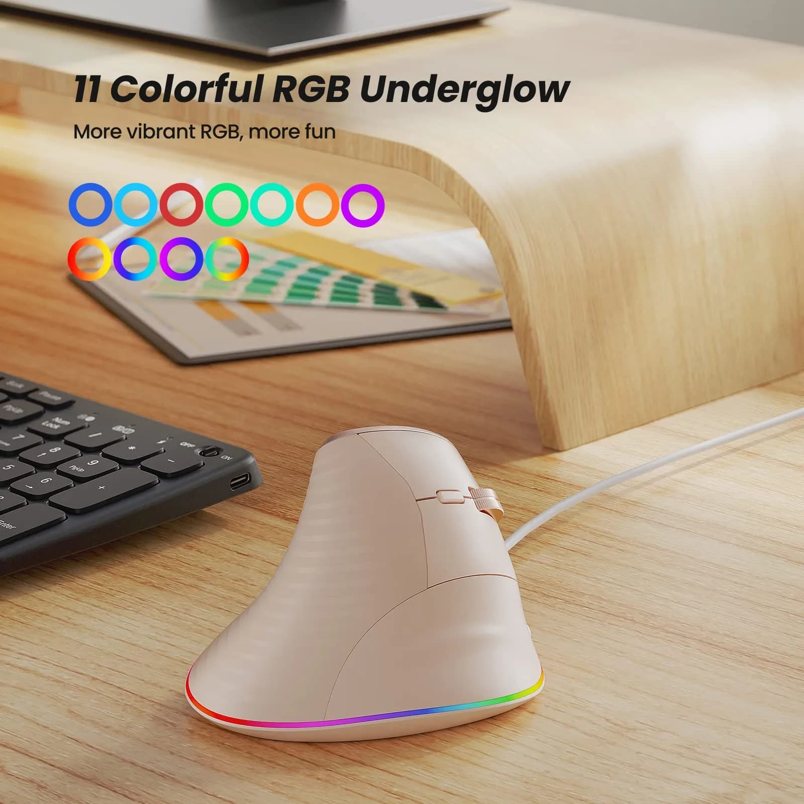Nulea M504 Wired Vertical Ergonomic Mouse with 4-Level DPI & RGB Lighting | 1.8m Cable, Right Hand, Pink - view 7