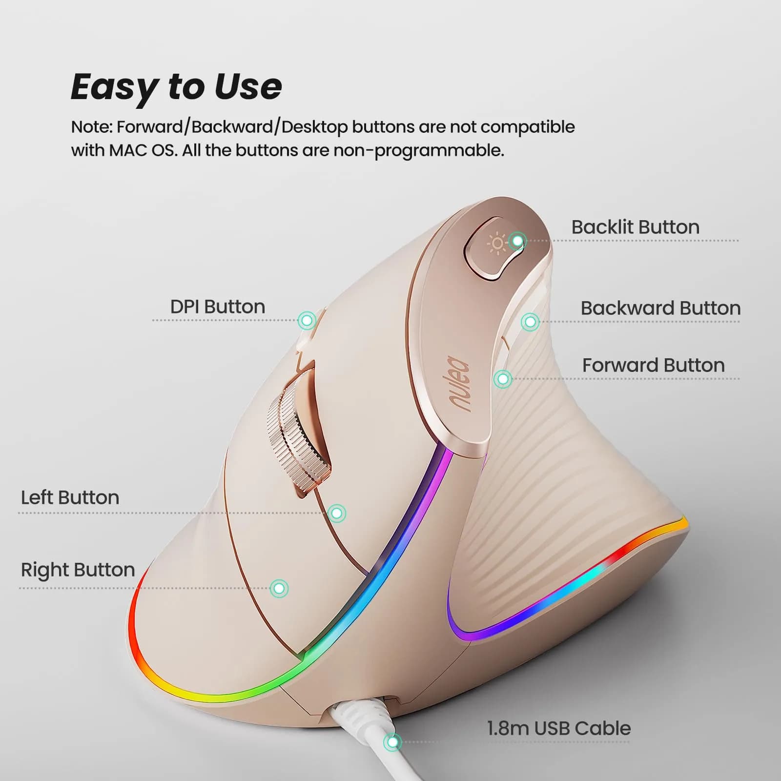 Nulea M504 Wired Vertical Ergonomic Mouse with 4-Level DPI & RGB Lighting | 1.8m Cable, Right Hand, Pink - view 4