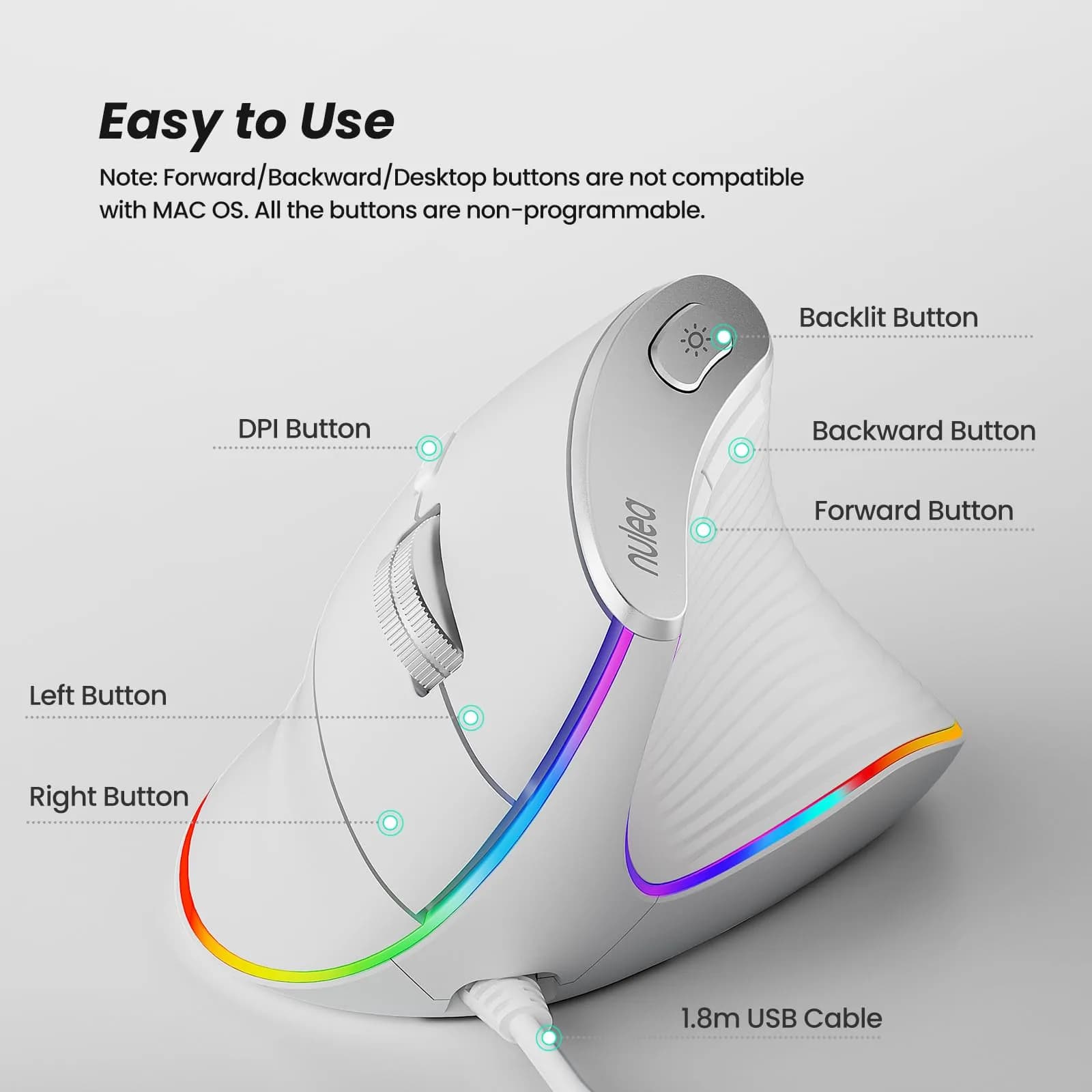 Nulea M504 Wired Vertical Ergonomic Mouse - Crisp White | Adjustable DPI & RGB Lighting - view 4