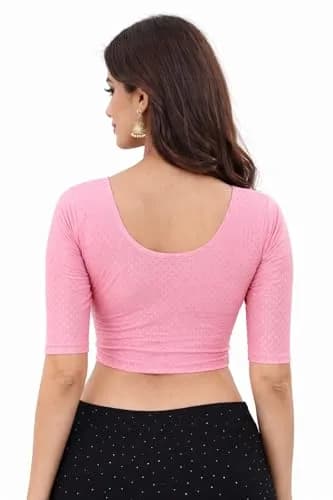 Fressia Fabrics Round Neck Pure Dobby Cotton Stretchable Elbow Sleeve Saree Blouse | 38 cm (15 inches) Chest thumbnail 4