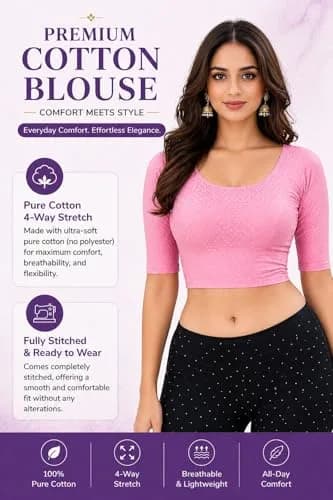 Fressia Fabrics Round Neck Pure Dobby Cotton Stretchable Elbow Sleeve Saree Blouse | 38 cm (15 inches) Chest thumbnail 6