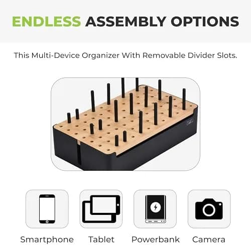 Prosumer's Choice Bamboo Charging Station Organizer for Multiple Devices - Metal & Bamboo Black 32cm (12.6") | Holds Power Strips & Cables thumbnail 5