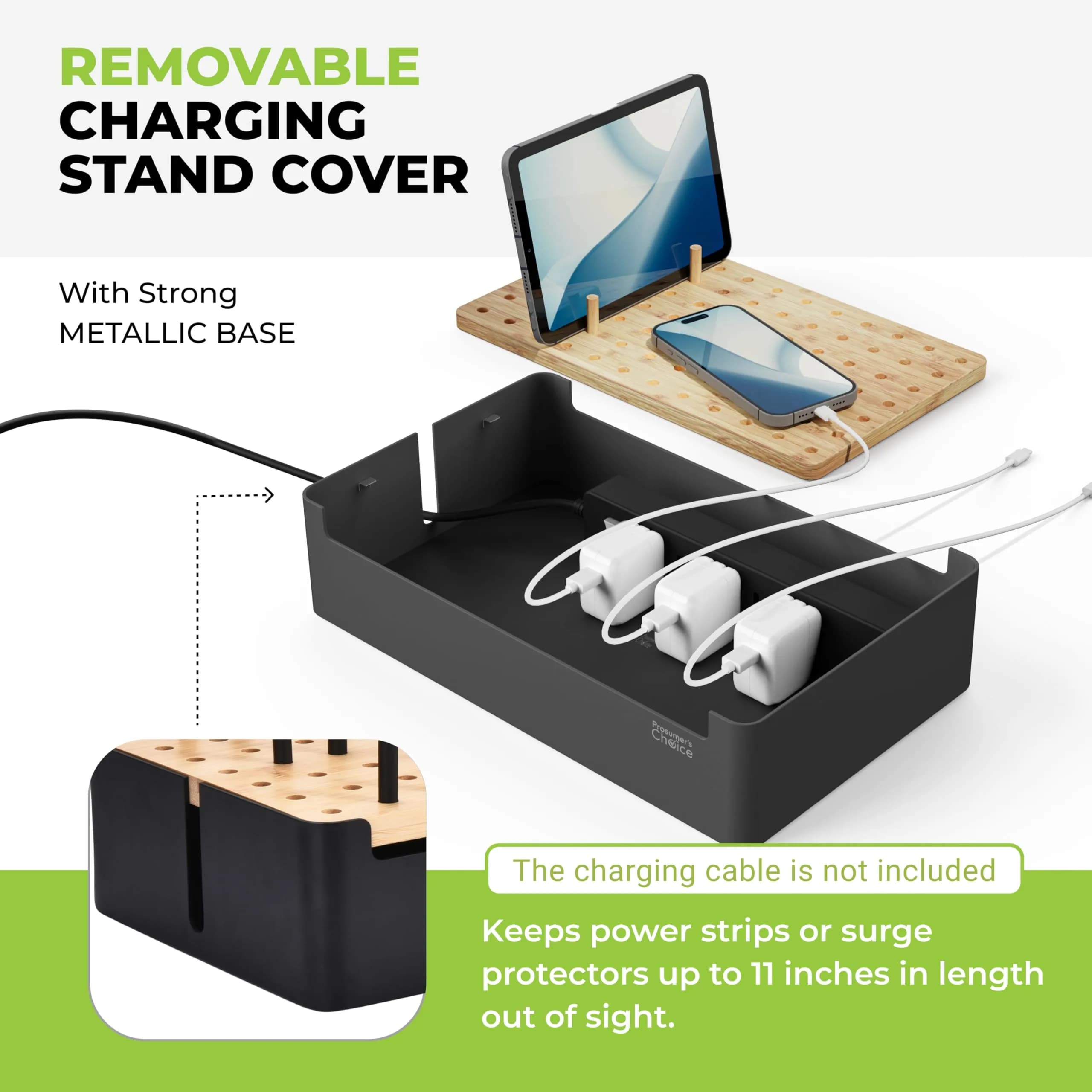 Prosumer's Choice Bamboo Charging Station Organizer for Multiple Devices - Metal & Bamboo Black 32cm (12.6") | Holds Power Strips & Cables - view 6