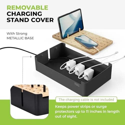 Prosumer's Choice Bamboo Charging Station Organizer for Multiple Devices - Metal & Bamboo Black 32cm (12.6") | Holds Power Strips & Cables thumbnail 6