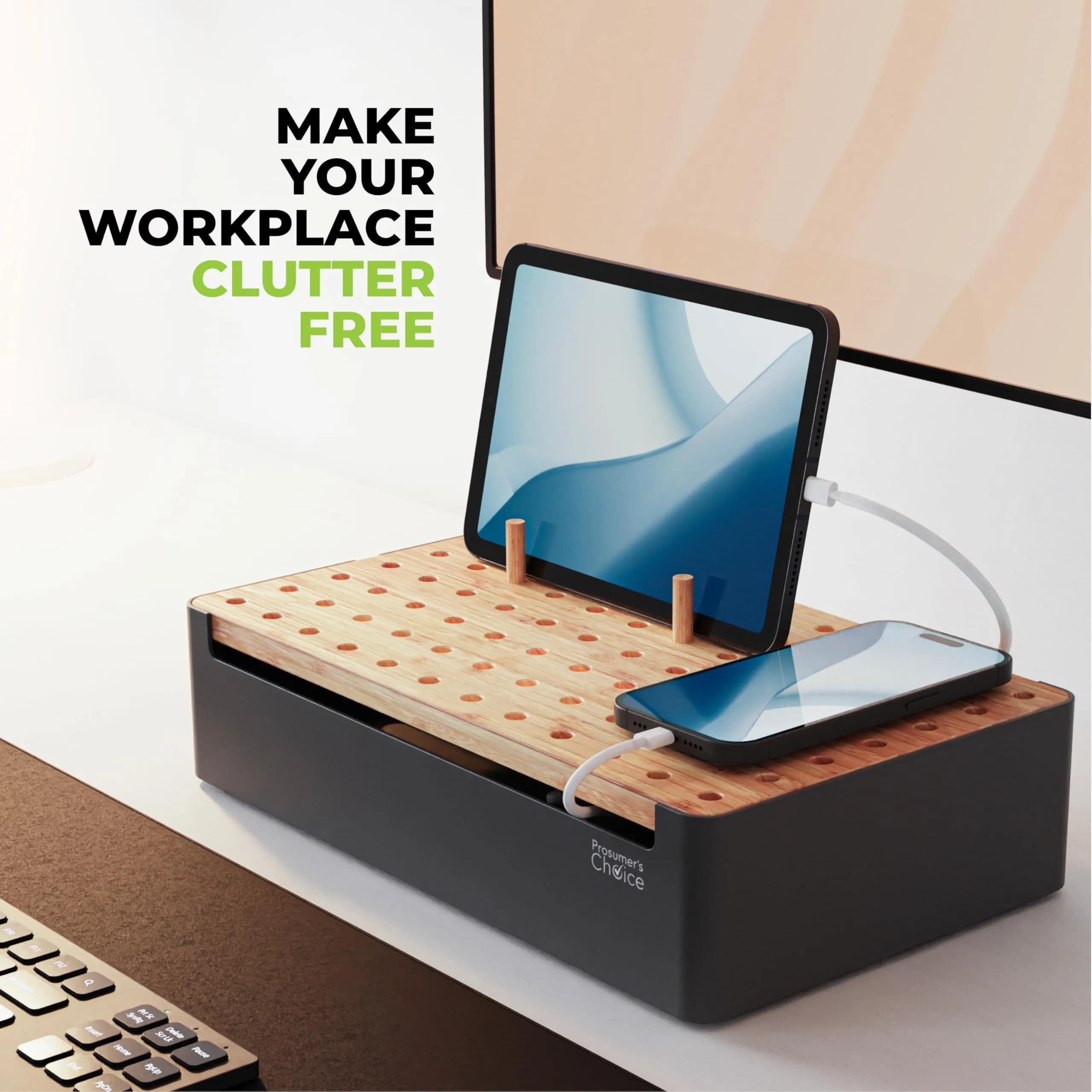 Prosumer's Choice Bamboo Charging Station Organizer for Multiple Devices - Metal & Bamboo Black 32cm (12.6") | Holds Power Strips & Cables - view 7