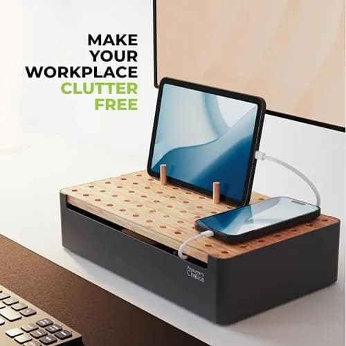 Prosumer's Choice Bamboo Charging Station Organizer for Multiple Devices - Metal & Bamboo Black 32cm (12.6") | Holds Power Strips & Cables thumbnail 7