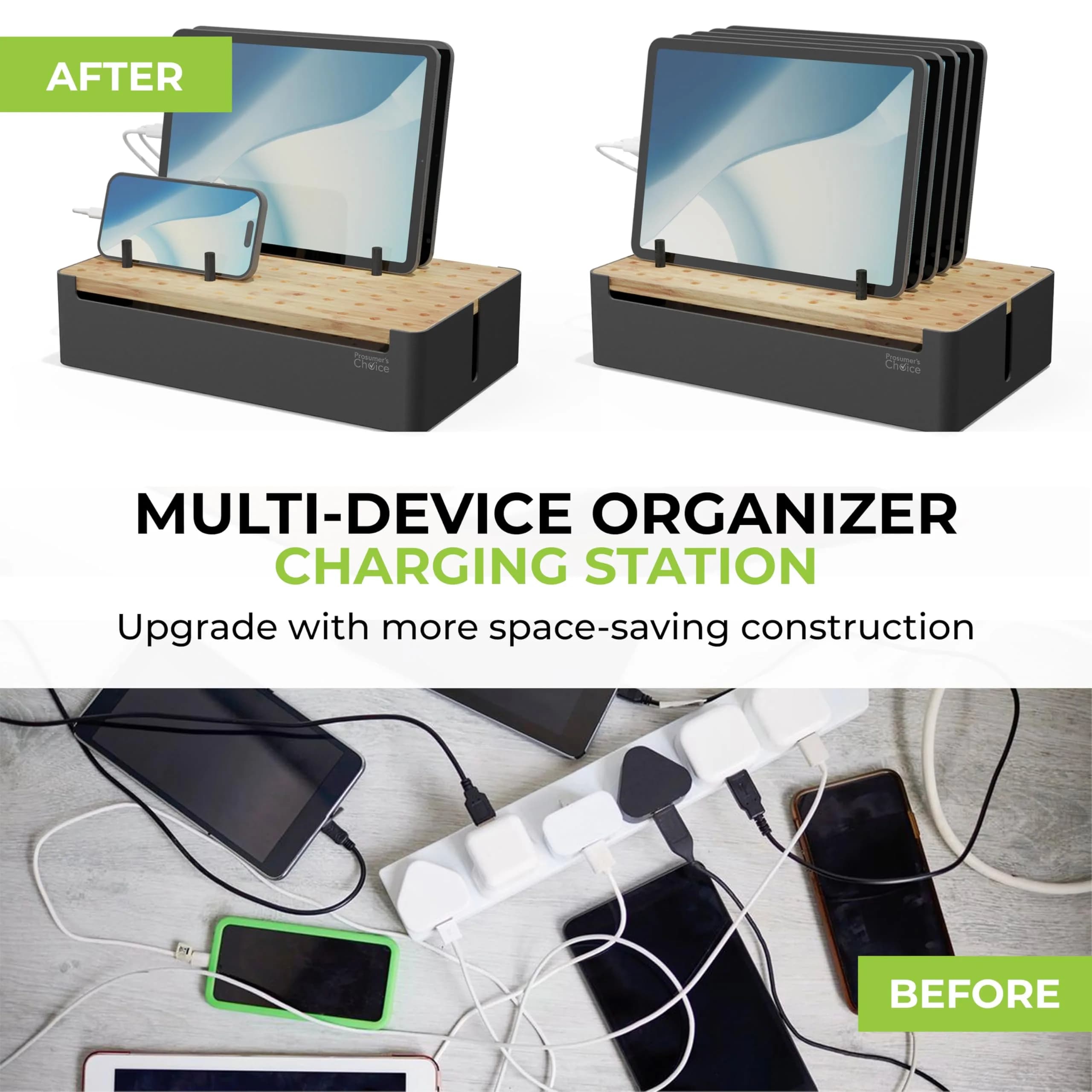 Prosumer's Choice Bamboo Charging Station Organizer for Multiple Devices - Metal & Bamboo Black 32cm (12.6") | Holds Power Strips & Cables - view 2