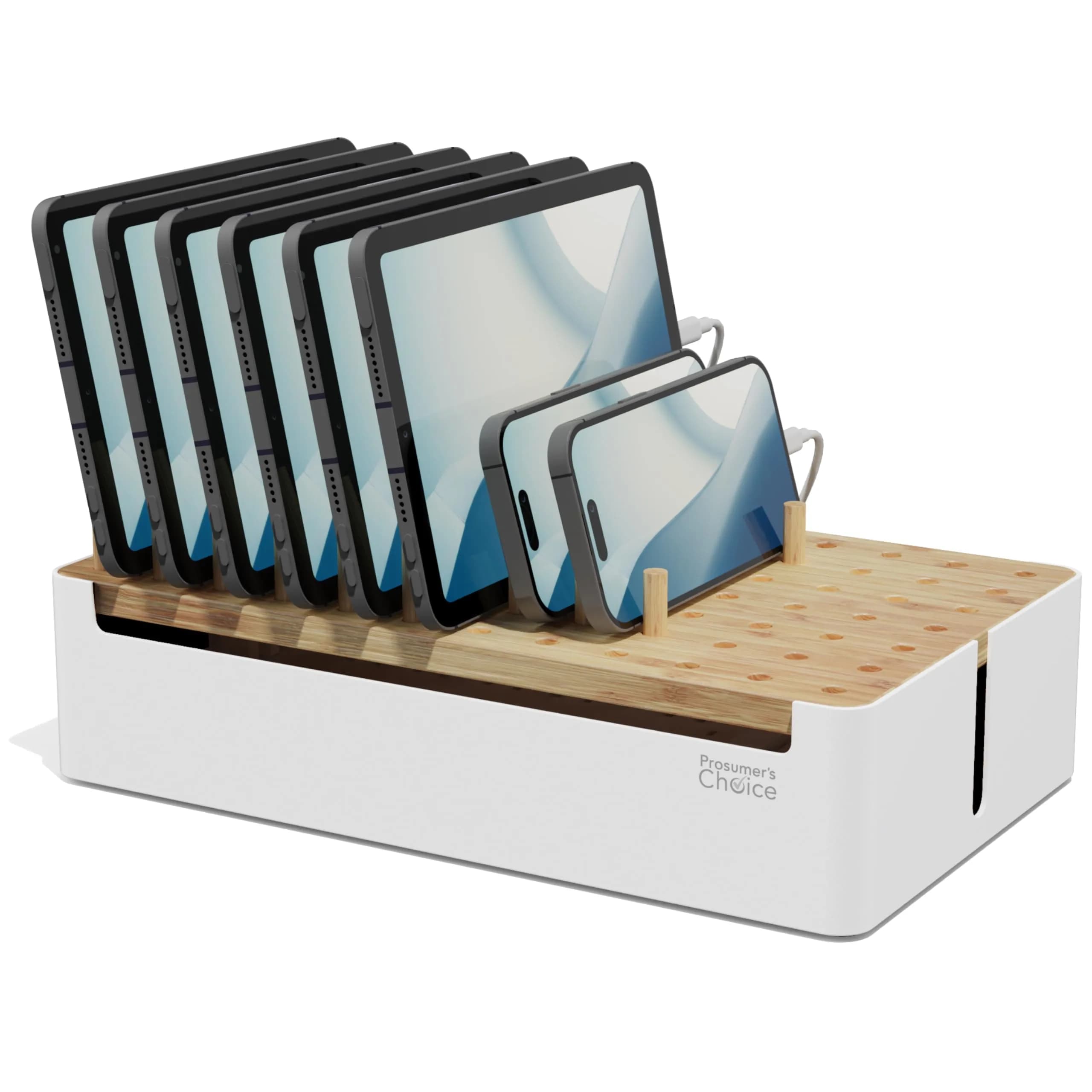 Prosumer's Choice Bamboo Charging Station Organizer with Removable Dividers | 220V Compatible Desk Docking Station for Phones, Tablets, Laptops - main product image