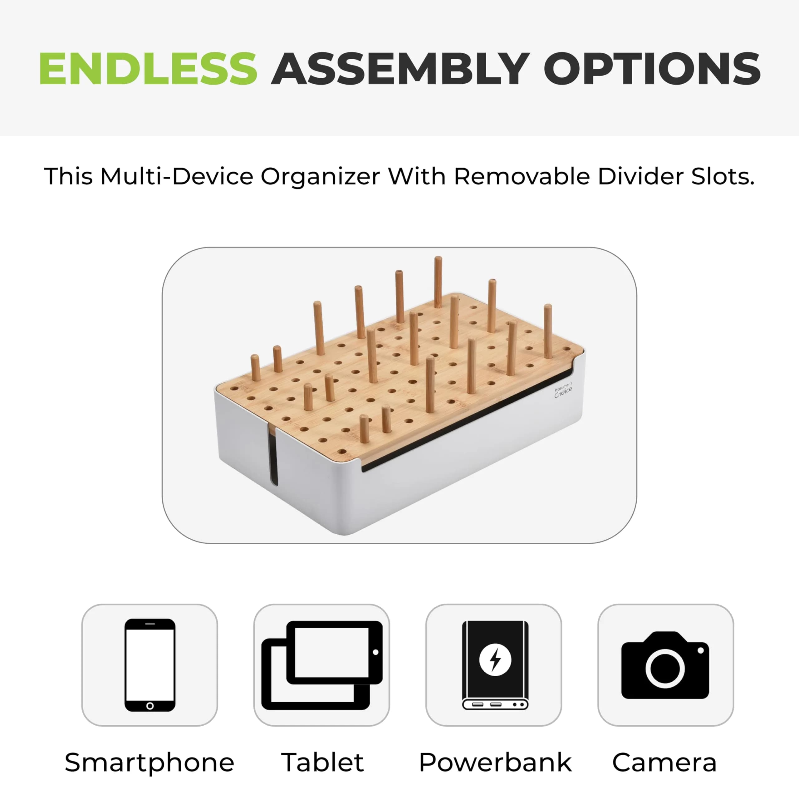 Prosumer's Choice Bamboo Charging Station Organizer with Removable Dividers | 220V Compatible Desk Docking Station for Phones, Tablets, Laptops - view 5
