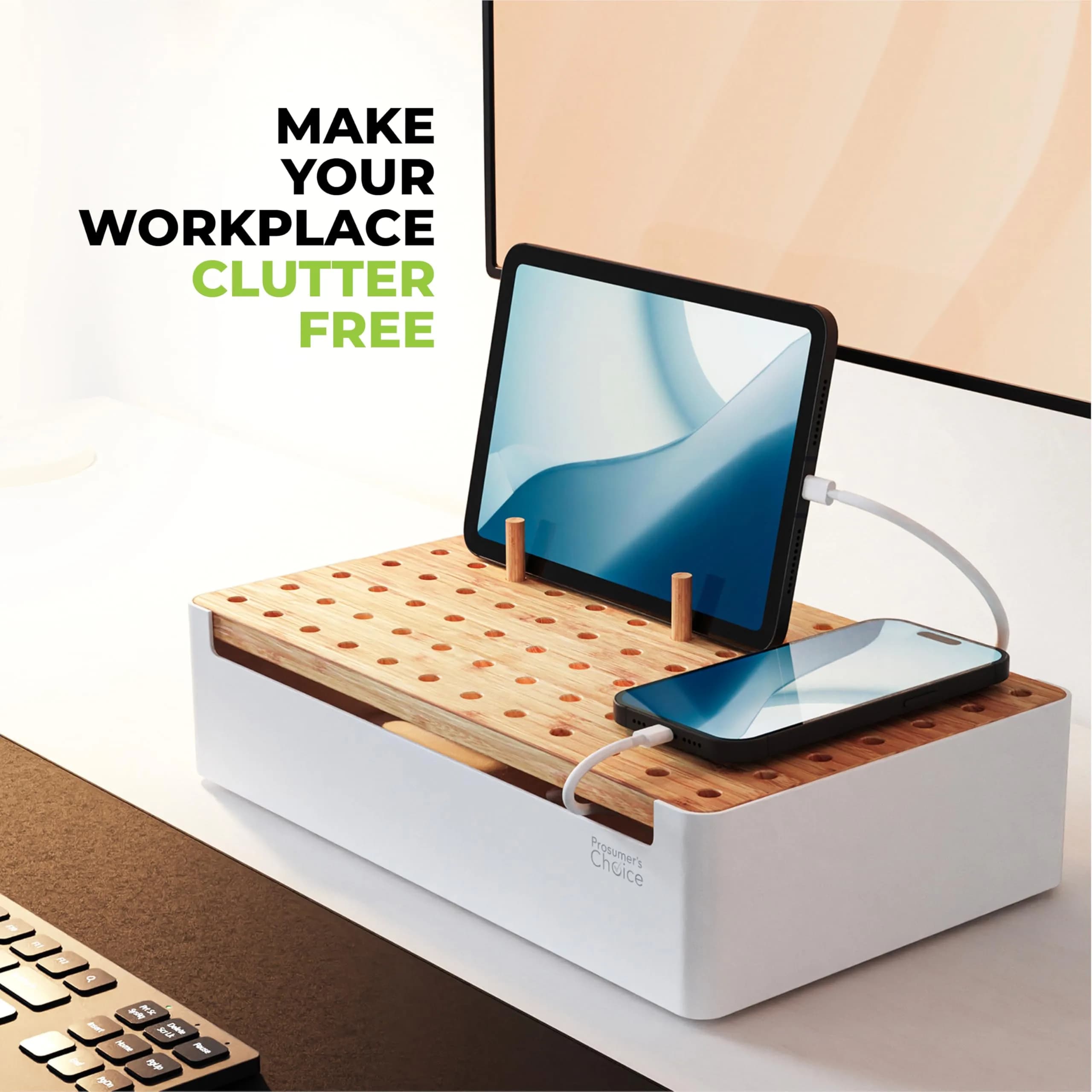 Prosumer's Choice Bamboo Charging Station Organizer with Removable Dividers | 220V Compatible Desk Docking Station for Phones, Tablets, Laptops - view 7