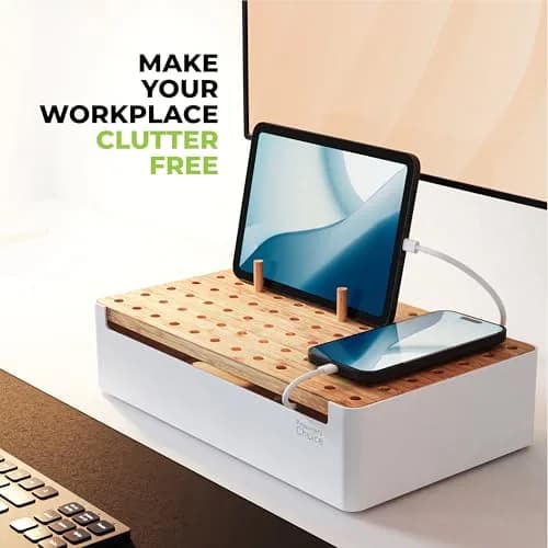 Prosumer's Choice Bamboo Charging Station Organizer with Removable Dividers | 220V Compatible Desk Docking Station for Phones, Tablets, Laptops thumbnail 7