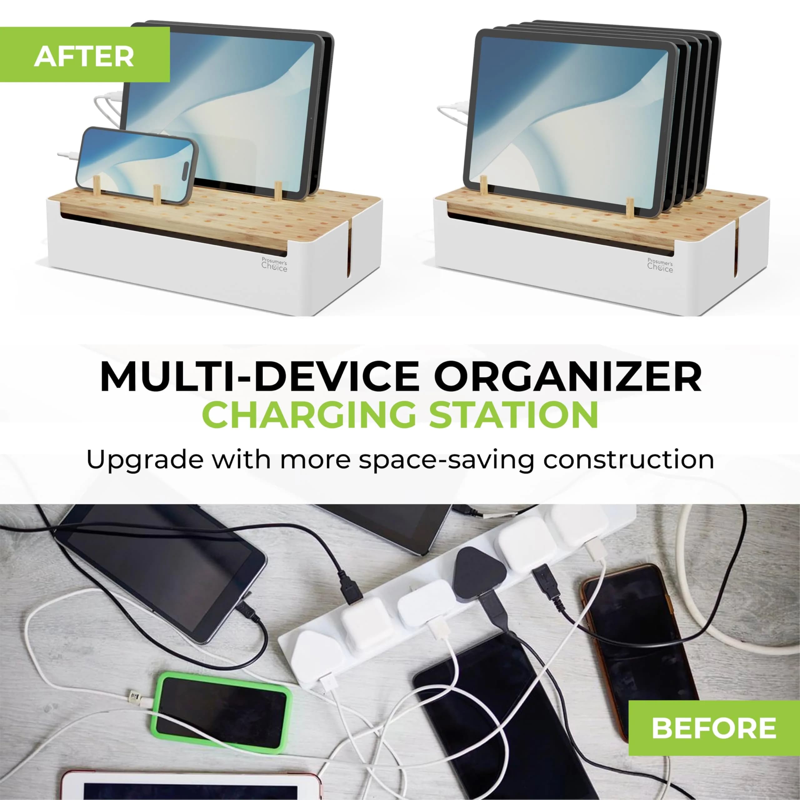 Prosumer's Choice Bamboo Charging Station Organizer with Removable Dividers | 220V Compatible Desk Docking Station for Phones, Tablets, Laptops - view 2