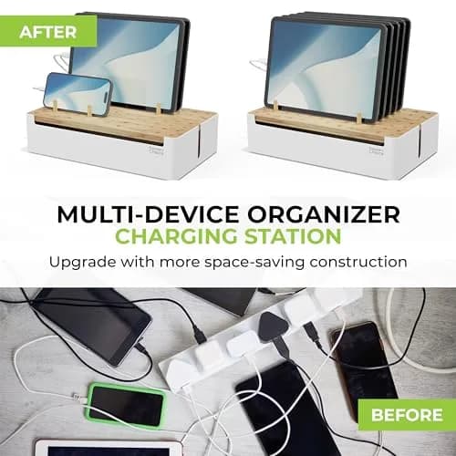 Prosumer's Choice Bamboo Charging Station Organizer with Removable Dividers | 220V Compatible Desk Docking Station for Phones, Tablets, Laptops thumbnail 2