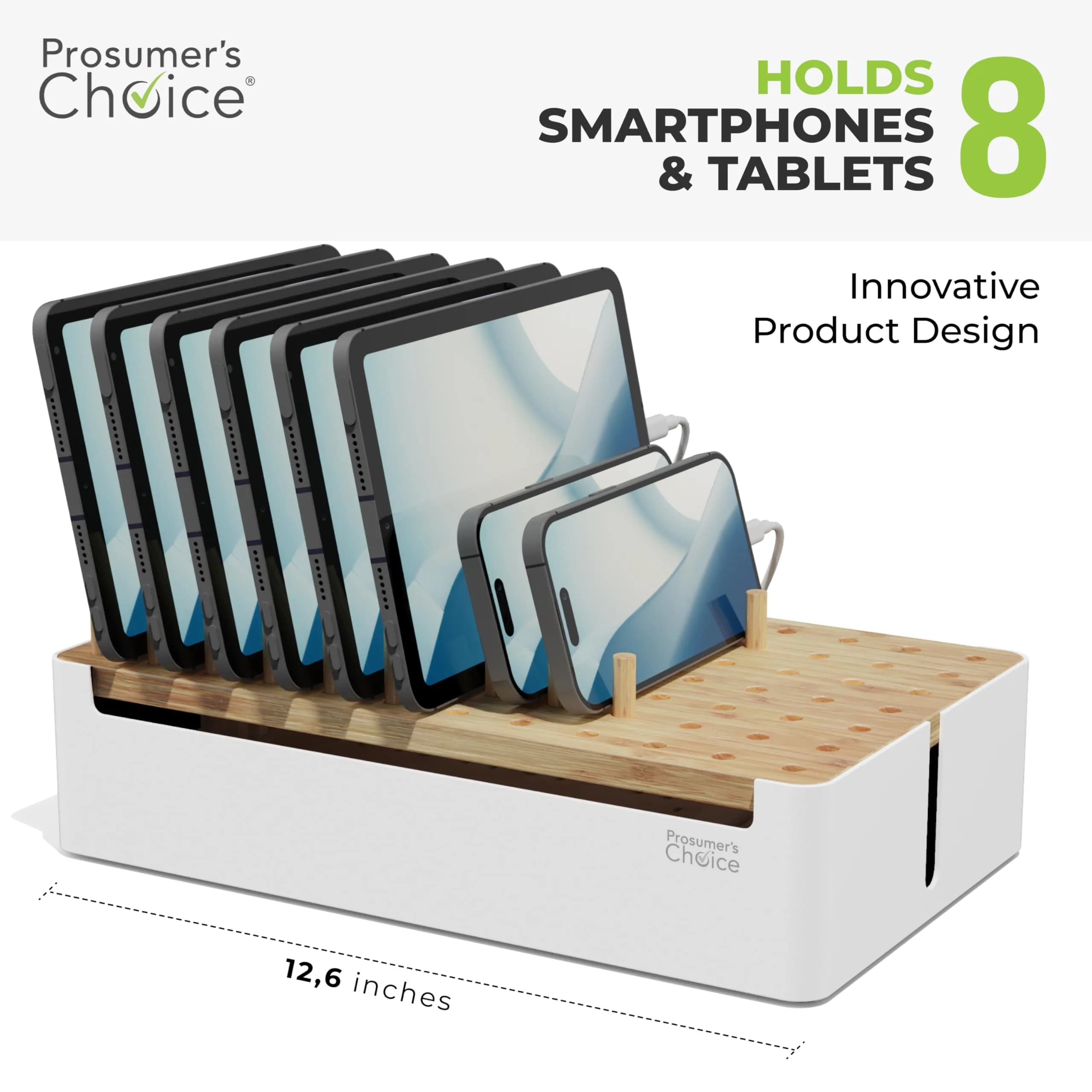 Prosumer's Choice Bamboo Charging Station Organizer with Removable Dividers | 220V Compatible Desk Docking Station for Phones, Tablets, Laptops - view 4