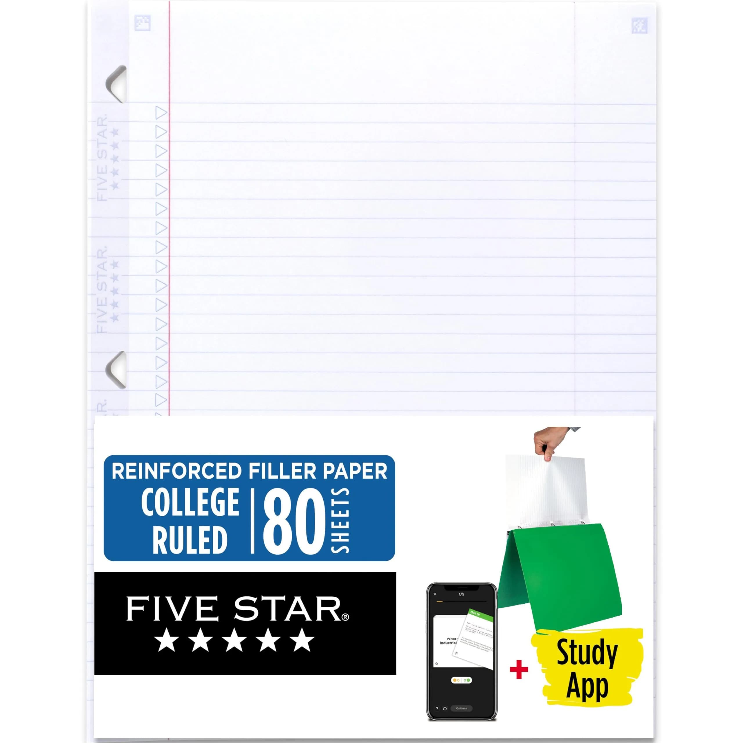 Five Star Reinforced College Ruled Loose Leaf Paper 8.5" x 11" | Lasts All Year, Fights Ink Bleed