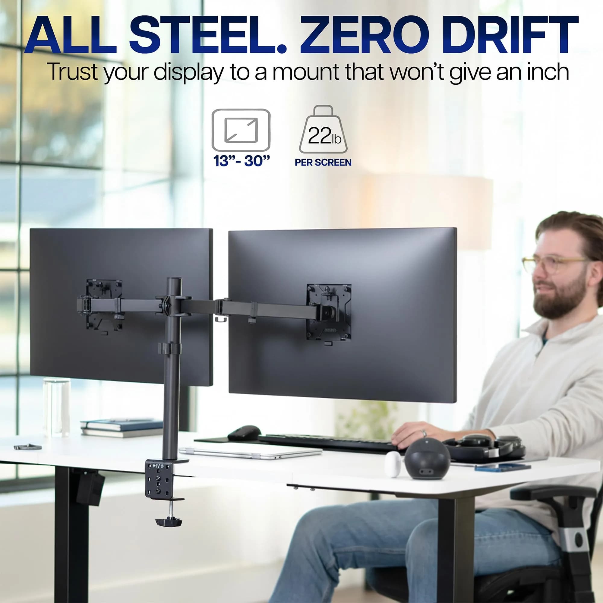 VIVO Dual Monitor Desk Mount STAND-V032 | Heavy Duty Adjustable Stand for 2 LCD LED Screens up to 32 inches, 22 lbs Each, Black - view 2