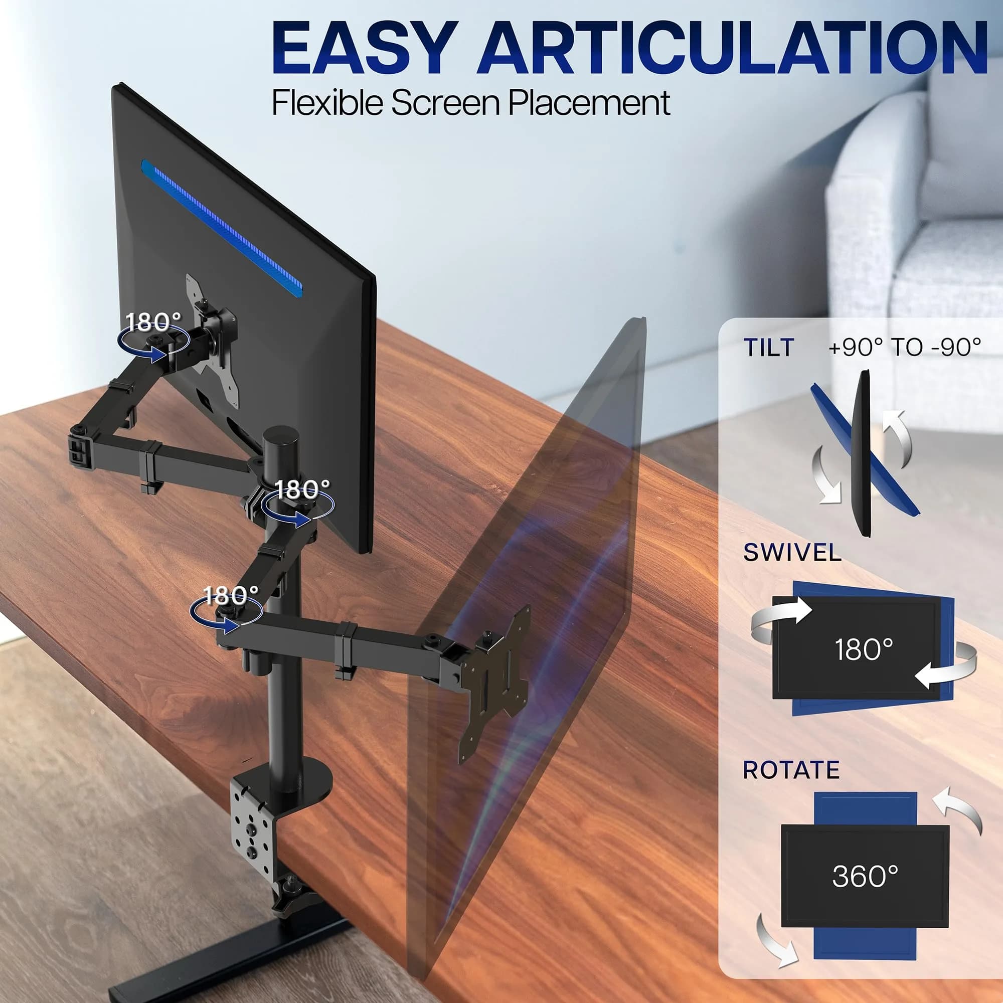 VIVO Dual Monitor Desk Mount STAND-V032 | Heavy Duty Adjustable Stand for 2 LCD LED Screens up to 32 inches, 22 lbs Each, Black - view 3