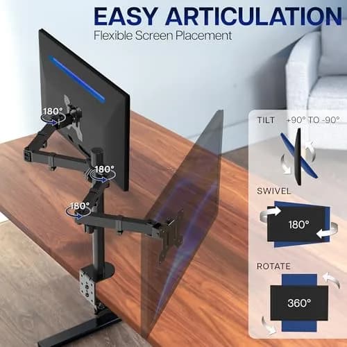 VIVO Dual Monitor Desk Mount STAND-V032 | Heavy Duty Adjustable Stand for 2 LCD LED Screens up to 32 inches, 22 lbs Each, Black thumbnail 3