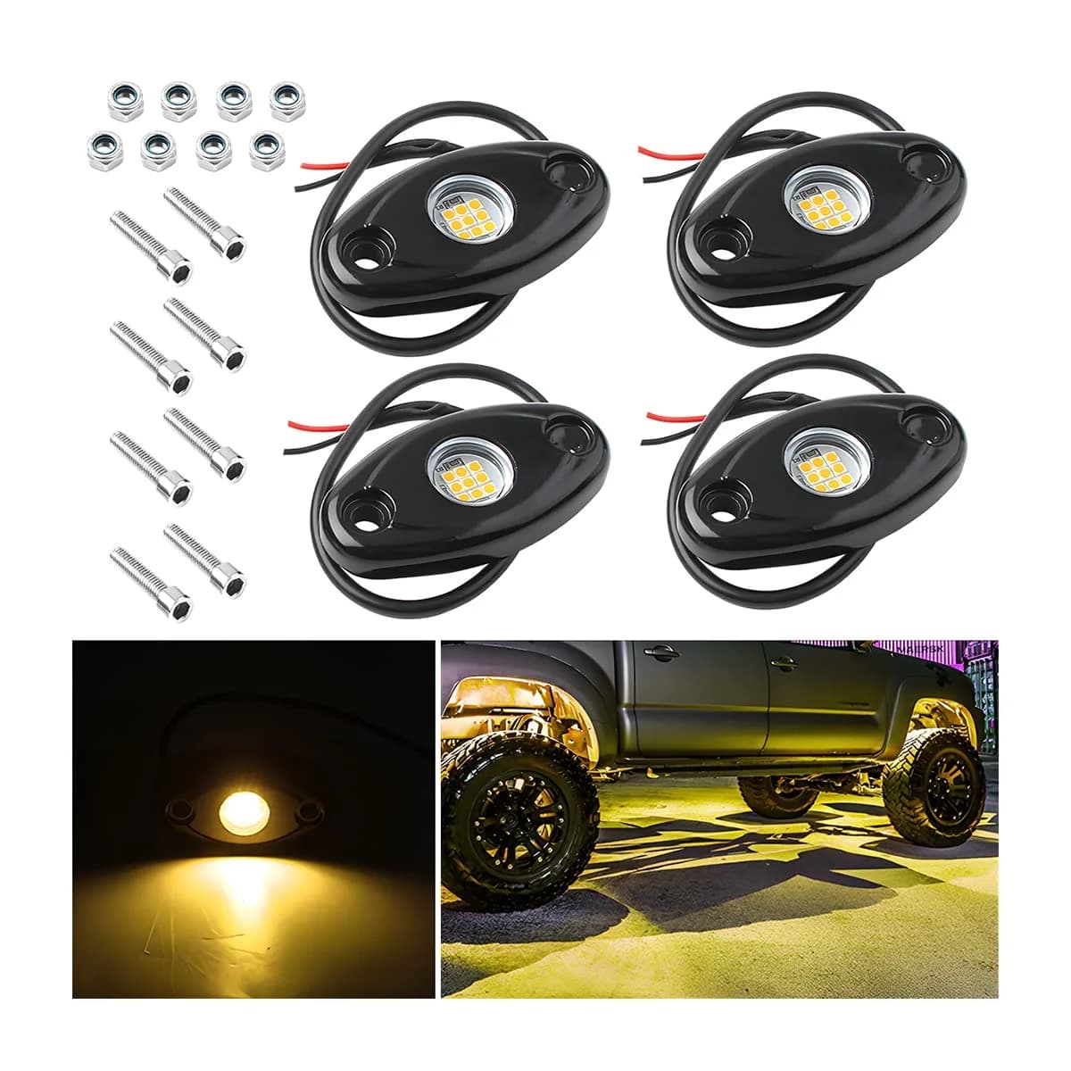 AICEL Vehicle Light Assembly 4 Pods LED RGB Underglow Kit, Yellow | IP68 Waterproof, Aluminum Alloy, 10-14V — Yellow