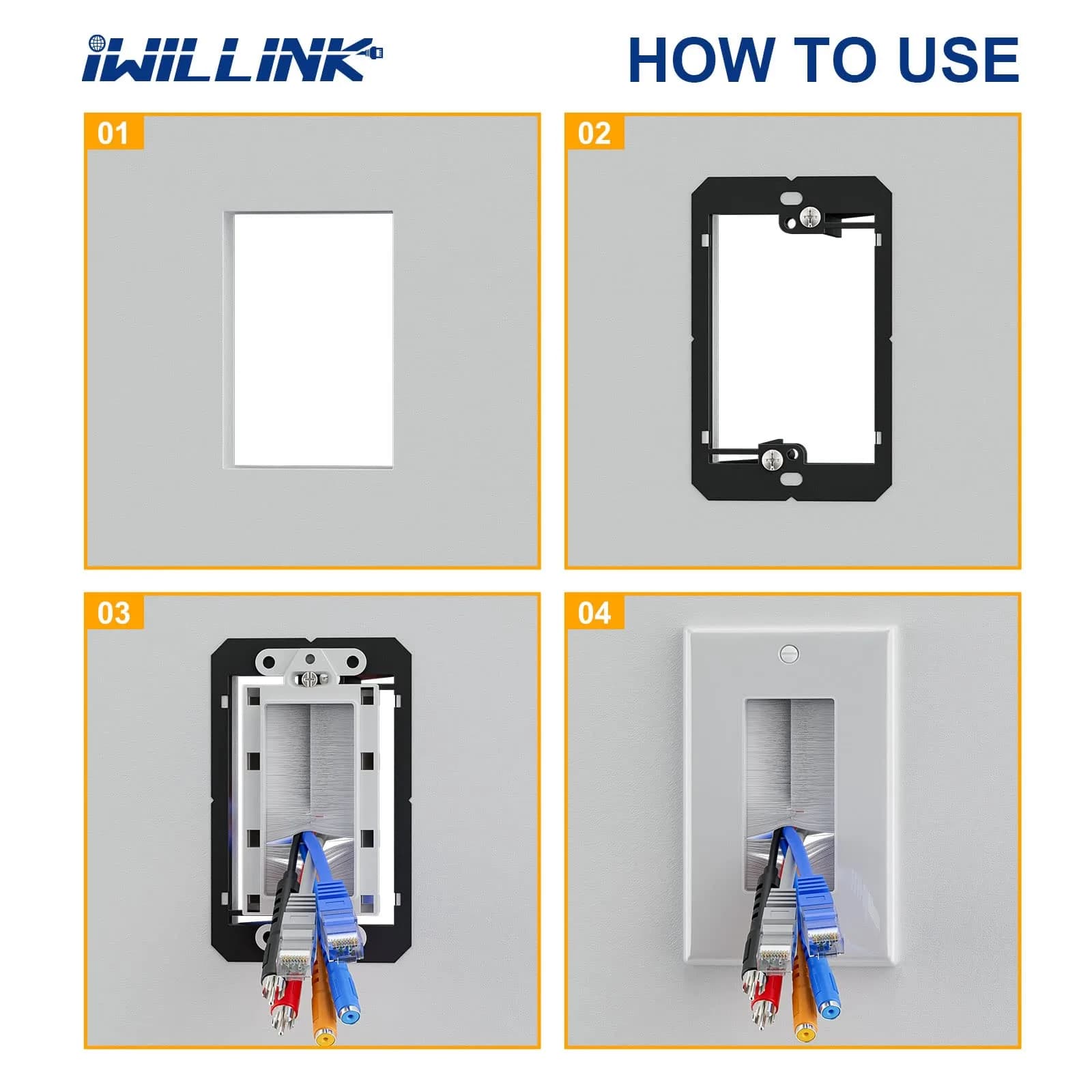 iwillink White 5 Pack Brush Wall Plate | Single Gang Cable Pass Through Insert for Low Voltage Cables Wires thumbnail 6