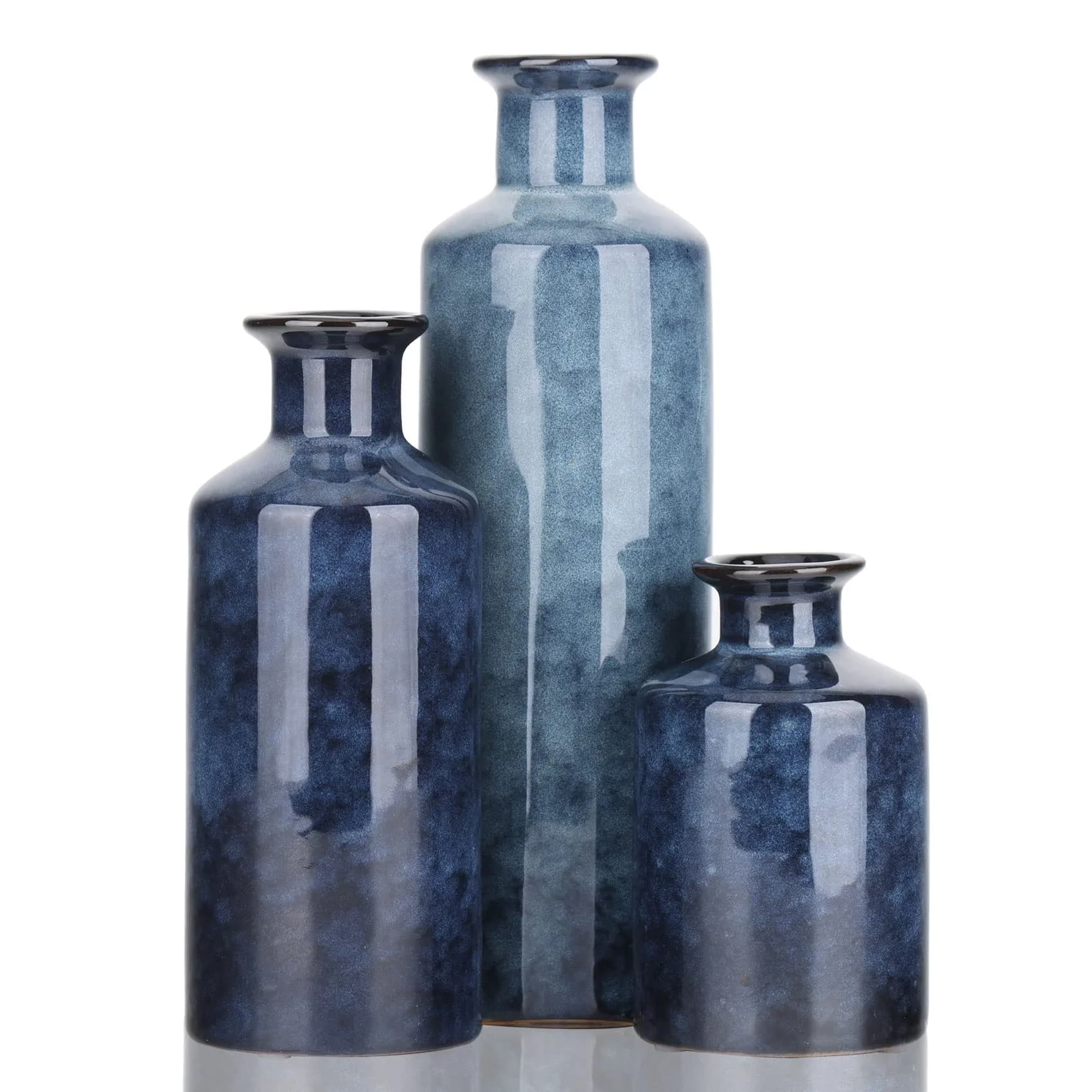 QIANLING Blue Ceramic Vase Set - 3 Vases (10" H, 7.5" H, 5" H) | Modern Farmhouse Decor — Blue