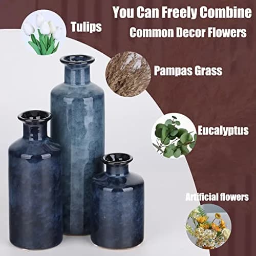 QIANLING Blue Ceramic Vase Set - 3 Vases (10" H, 7.5" H, 5" H) | Modern Farmhouse Decor thumbnail 4