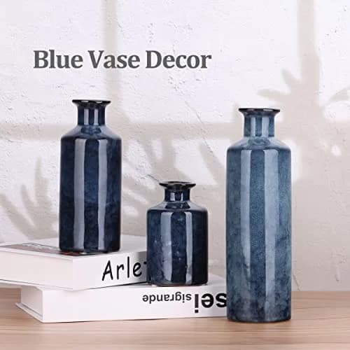 QIANLING Blue Ceramic Vase Set - 3 Vases (10" H, 7.5" H, 5" H) | Modern Farmhouse Decor thumbnail 8