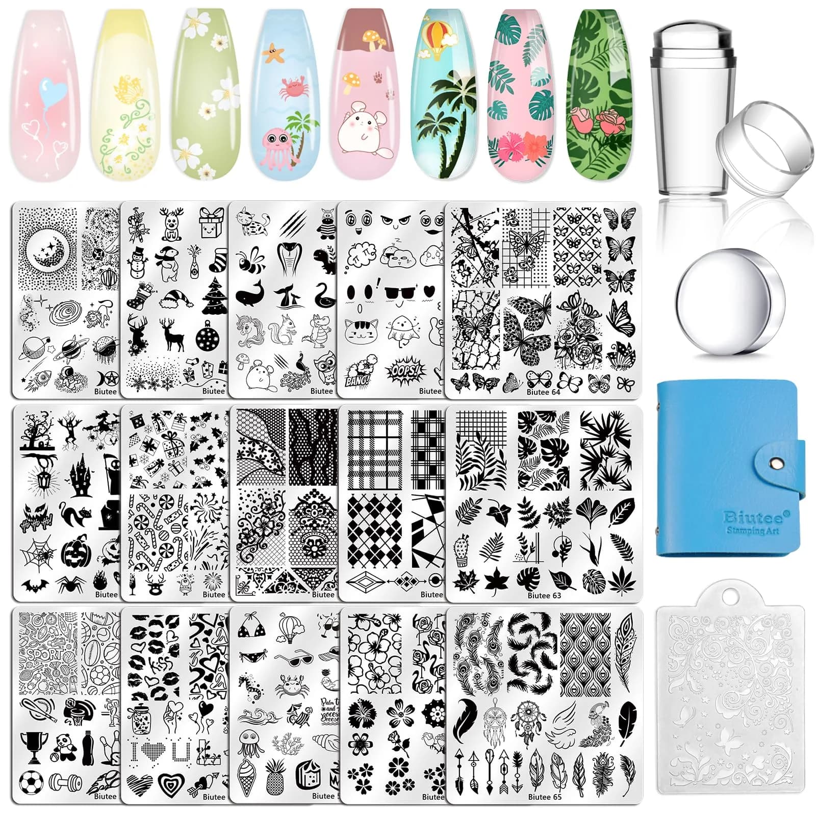 Biutee 15PCS Nail Stamping Plates Set with Silicone Stamper & Scraper | Professional DIY Manicure Tool Kit — 15 Piece Set