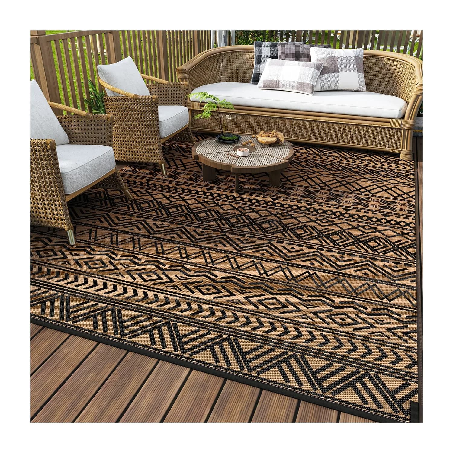 MontVoo Outdoor Rug Carpet Waterproof 6x9ft | Reversible Plastic Straw Boho Design for Patio & RV — Black Brown