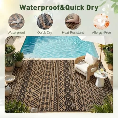 MontVoo Outdoor Rug Carpet Waterproof 6x9ft | Reversible Plastic Straw Boho Design for Patio & RV thumbnail 4