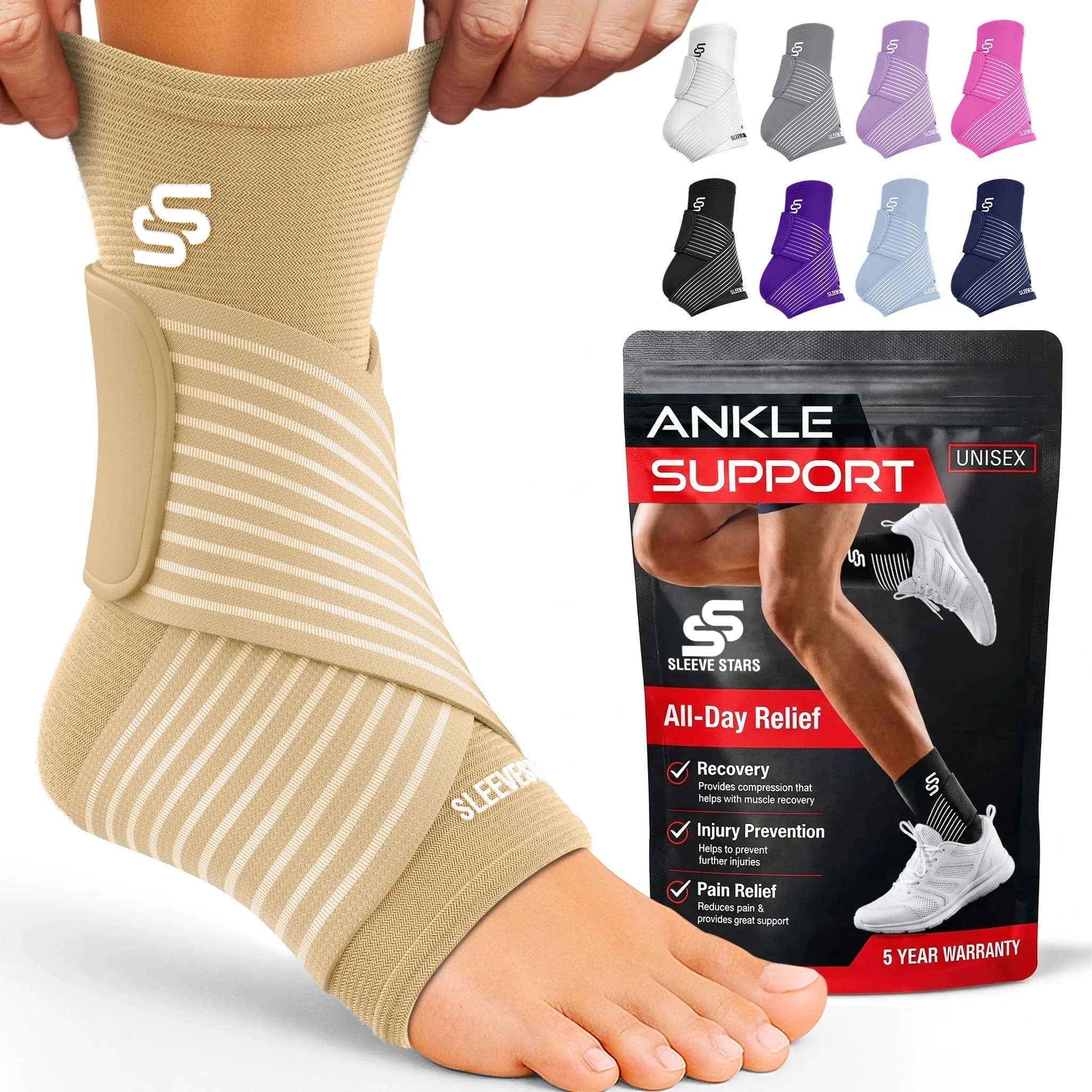 Sleeve Stars Ankle Brace for Men & Women Support, Beige Medium (10"-12") | FDA Approved Orthopedic Brace for Sprains & Pain Relief — Beige