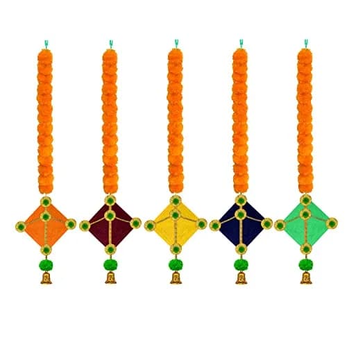 iHandikart Handmade Artificial Marigold Flowers Woolen Hanging Kite Garland 114 cm (45 inches) Pack of 5 | Festive Indian Decor thumbnail 2