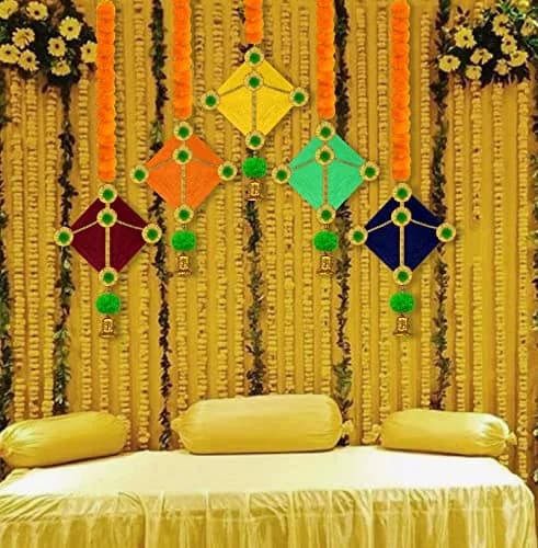 iHandikart Handmade Artificial Marigold Flowers Woolen Hanging Kite Garland 45 inches Long | Pack of 10 Yellow & Light Orange — Yellow & Light Orange