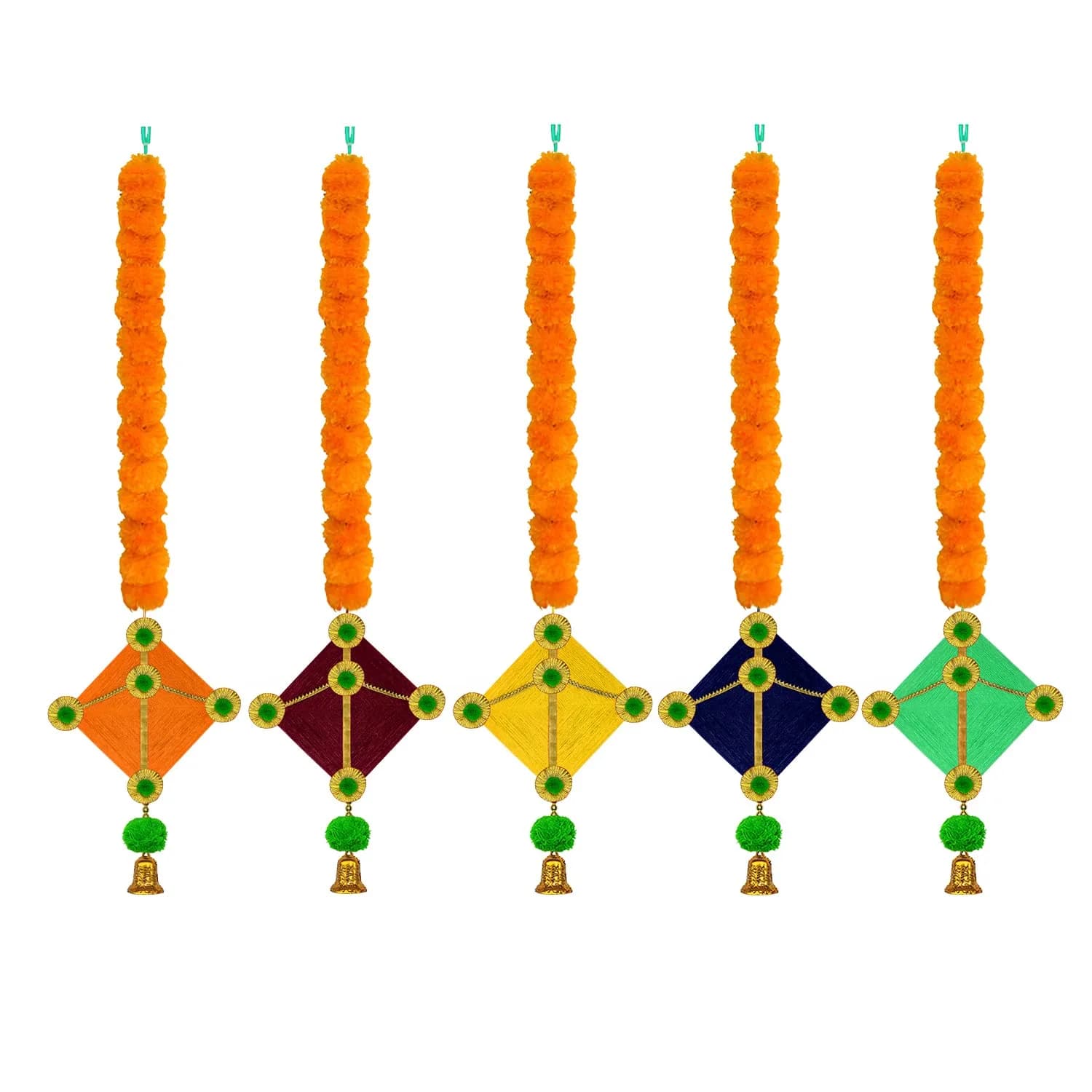 iHandikart Handmade Artificial Marigold Flowers Woolen Hanging Kite Garland 45 inches Long | Pack of 10 Yellow & Light Orange - view 2