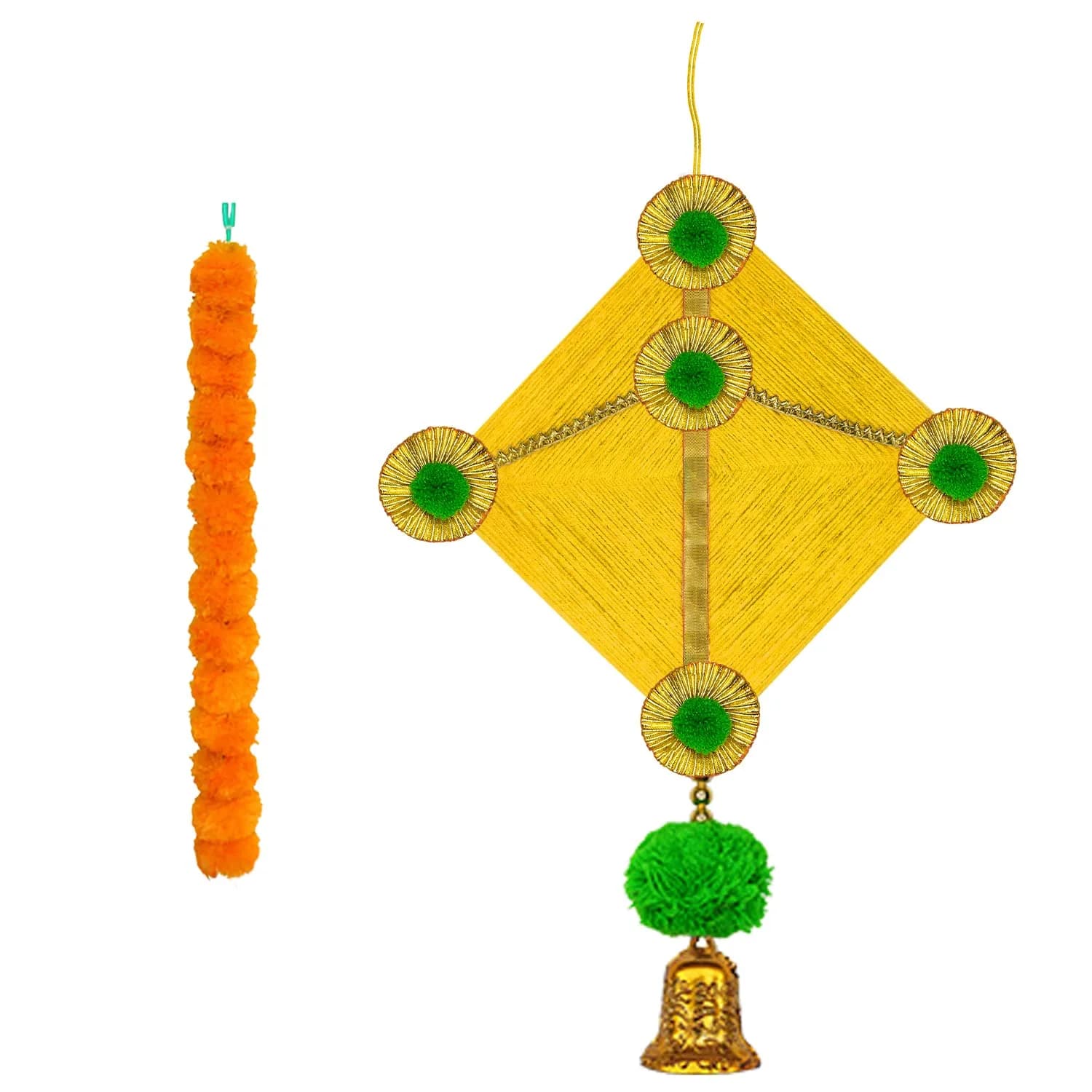 iHandikart Handmade Artificial Marigold Flowers Woolen Hanging Kite Garland 45 inches Long | Pack of 10 Yellow & Light Orange - view 3