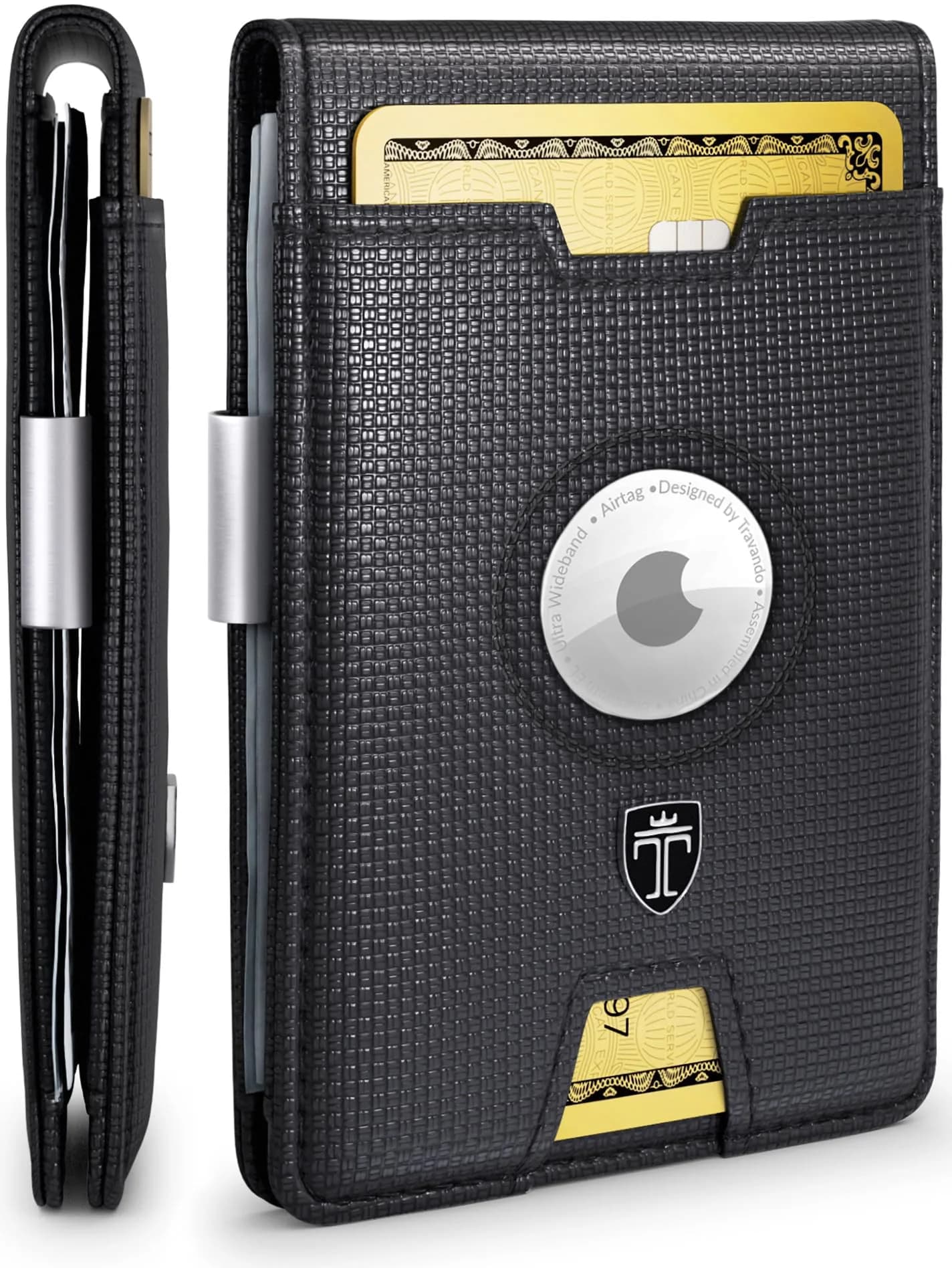 TRAVANDO AirTag Wallet with Money Clip & RFID Protection - Faux Leather Bi-Fold for 11 Cards, 109g (3.8 oz) | Black & Chess