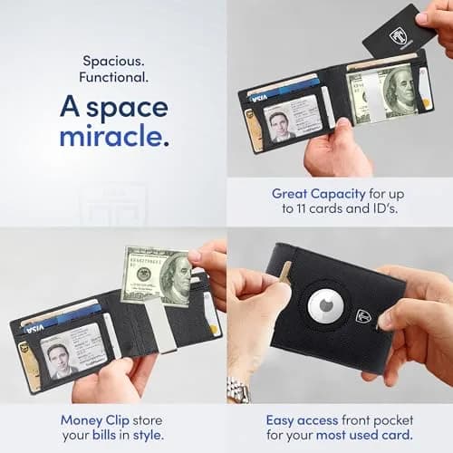 TRAVANDO AirTag Wallet with Money Clip & RFID Protection - Faux Leather Bi-Fold for 11 Cards, 109g (3.8 oz) | Black & Chess thumbnail 4