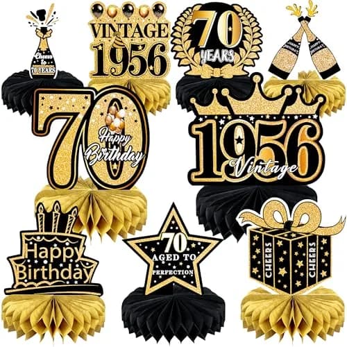 MDCGFOD 70th Birthday Decoration Pack for Men Women | Black & Gold Honeycomb Table Decor thumbnail 1