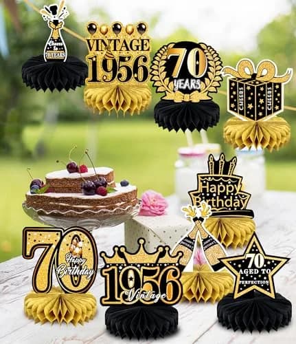 MDCGFOD 70th Birthday Decoration Pack for Men Women | Black & Gold Honeycomb Table Decor thumbnail 6