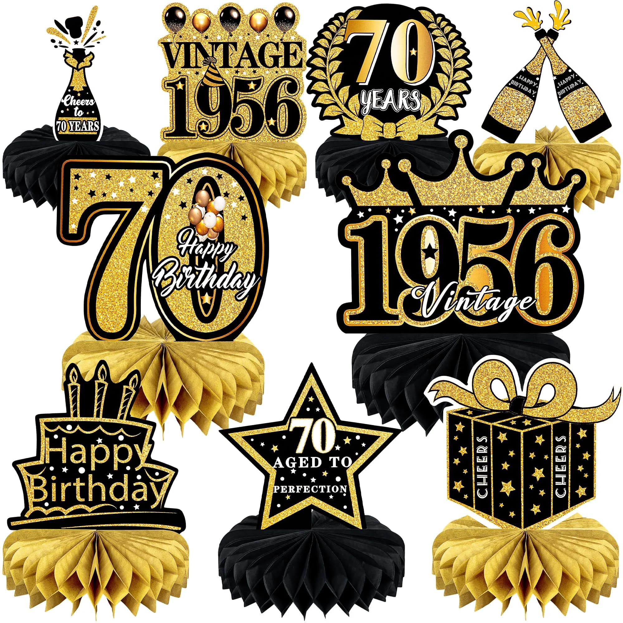 MDCGFOD 70th Birthday Decoration Pack for Men Women | Black & Gold Honeycomb Table Decor — 70th-black and Gold