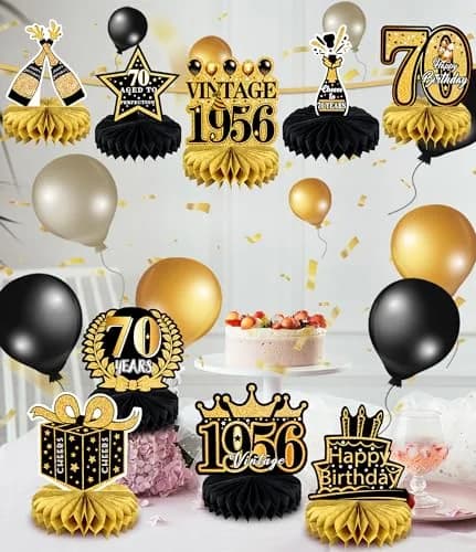 MDCGFOD 70th Birthday Decoration Pack for Men Women | Black & Gold Honeycomb Table Decor thumbnail 4