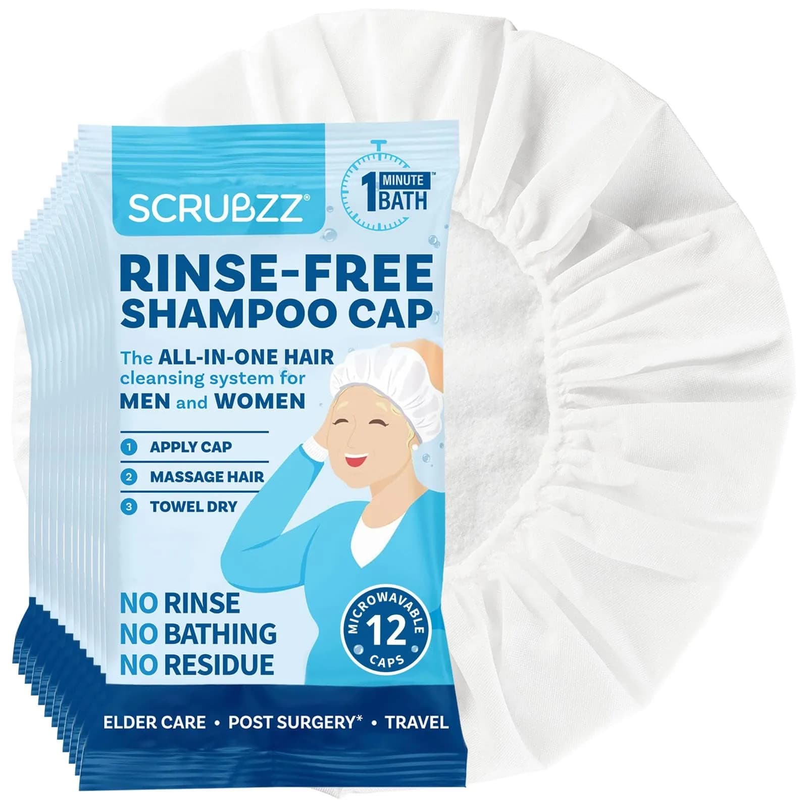 Scrubzz Rinse-Free Shampoo Caps 12 Pack | Waterless Hair Wash for Elderly & Bedridden — Fresh Scent