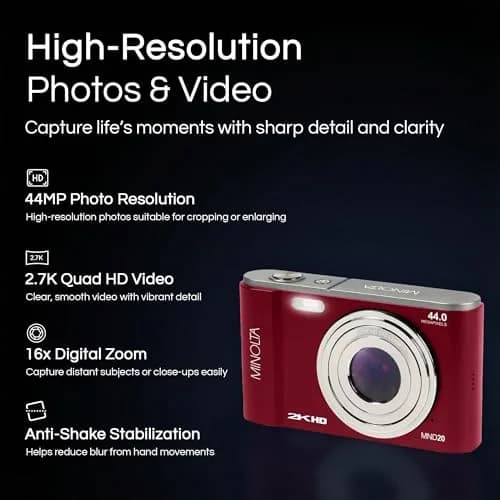 Minolta MND20 44 MP Digital Camera in Red | 2.7K Ultra HD Video & 16X Zoom thumbnail 2