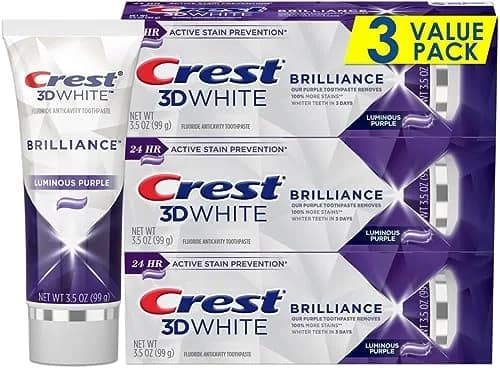 Crest 3D White Brilliance Purple Toothpaste 10.5 oz (3.5 oz Tubes) | 100% More Surface Stain Removal — Luminous Purple