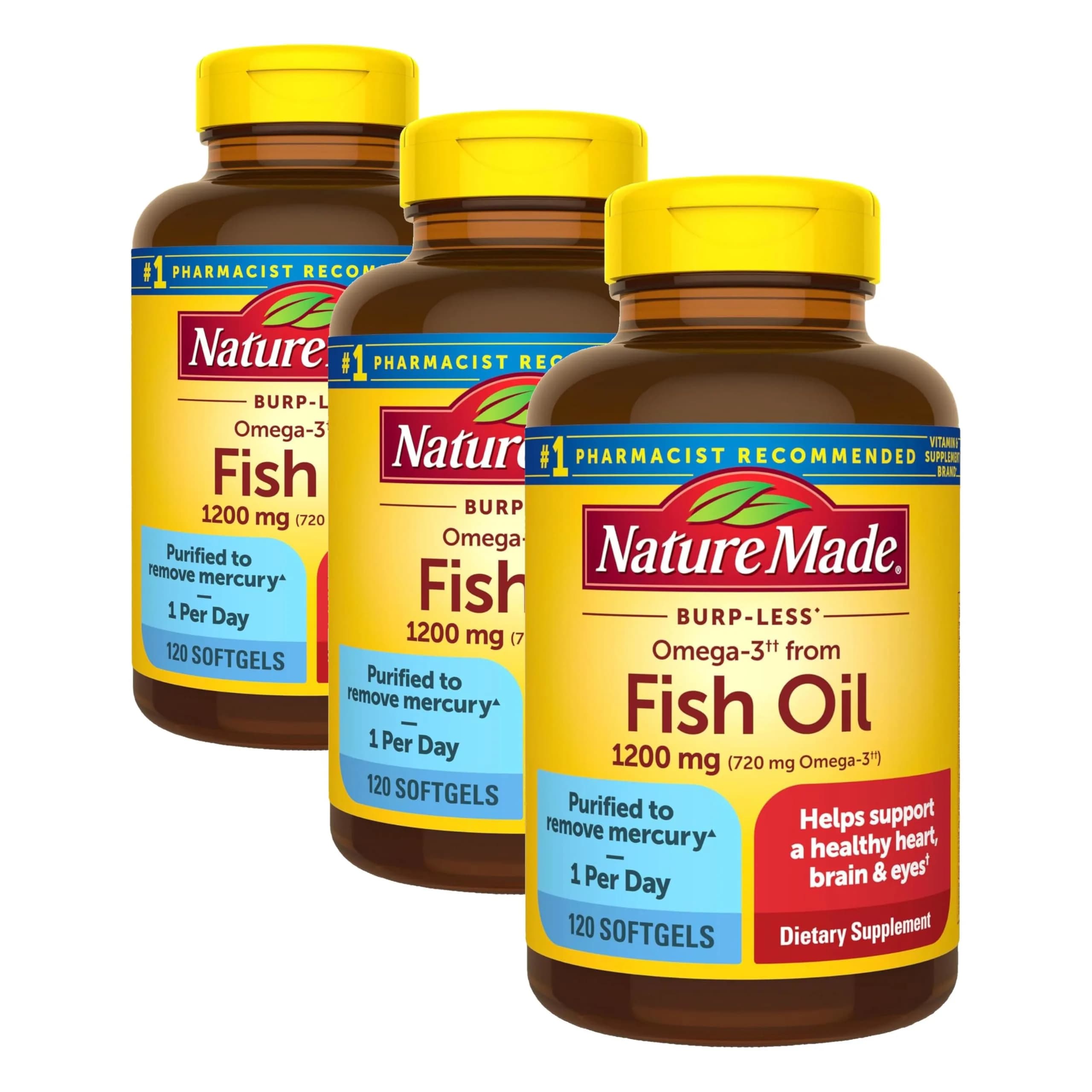 Nature Made Burp-Less Fish Oil 1200 mg Softgels (360 Count, 3 Bottles) | Heart, Brain & Eye Health Support - main product image